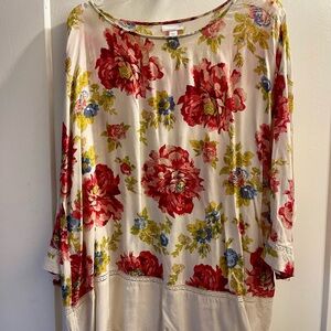 J. Jill Rose and Blue Floral Elegant Tunic Blouse Popover XL